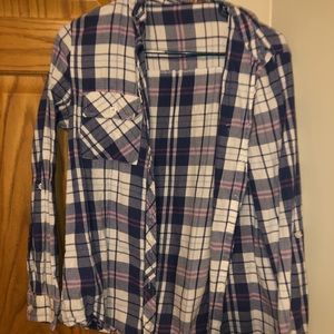 Navy, pink and white plaid shirt